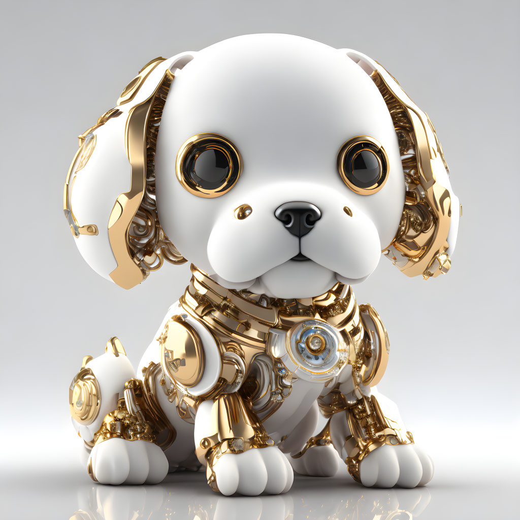 Detailed 3D illustration of white and gold robotic dog