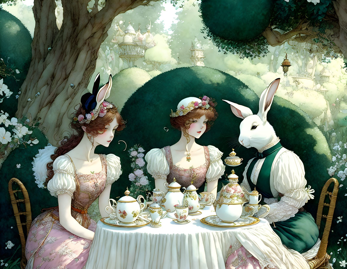 Victorian women and humanoid rabbit at whimsical tea party castle backdrop