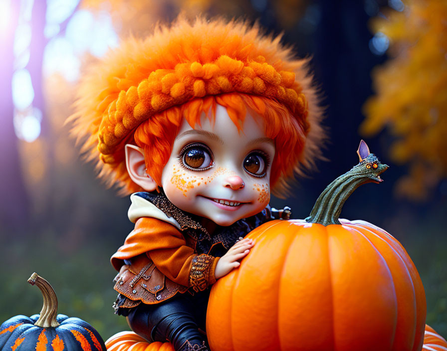 Child with Orange Hair Holding Pumpkin in Autumn Scene