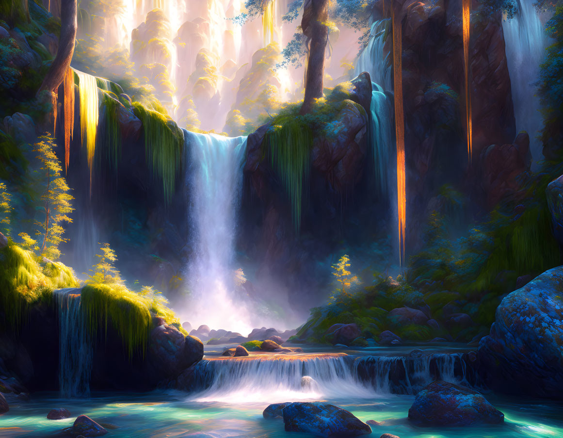 Serene forest waterfall with sunlight beams