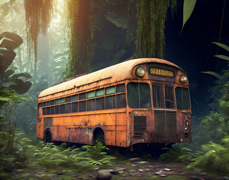 Abandoned orange bus in moss-covered forest landscape