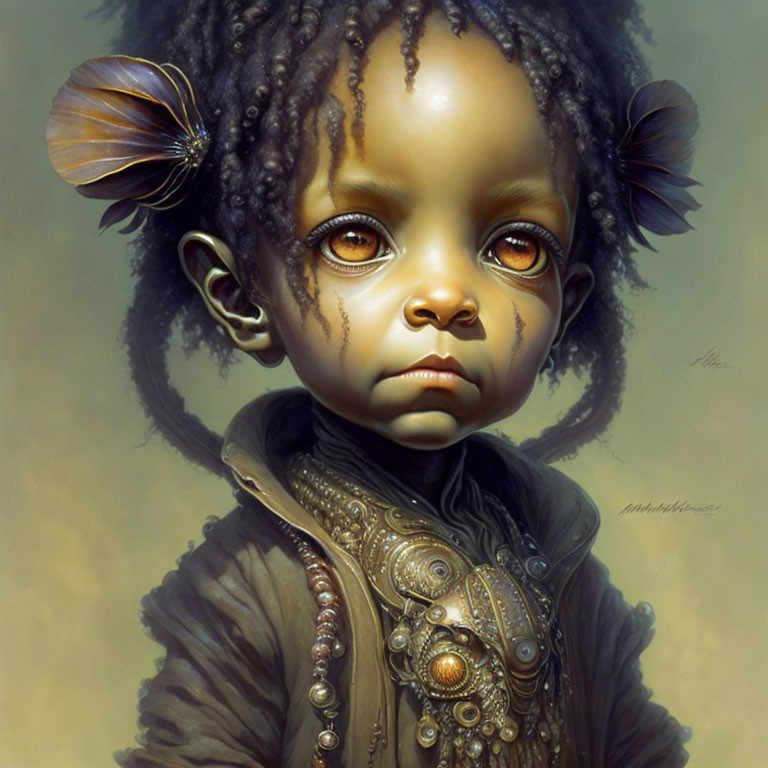 Child in Steampunk Attire with Oversized Eyes and Mechanical Details