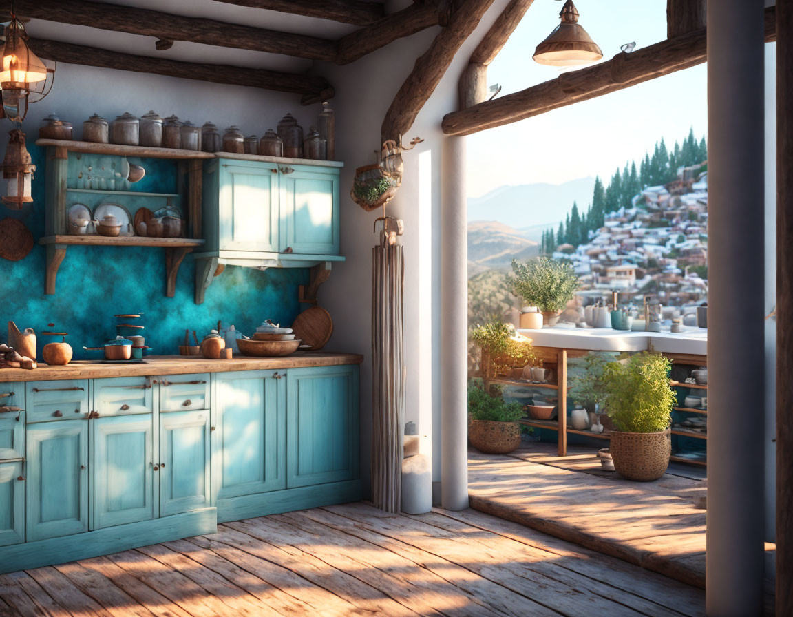 Rustic kitchen with blue cabinets, wooden beams, pottery, terrace view