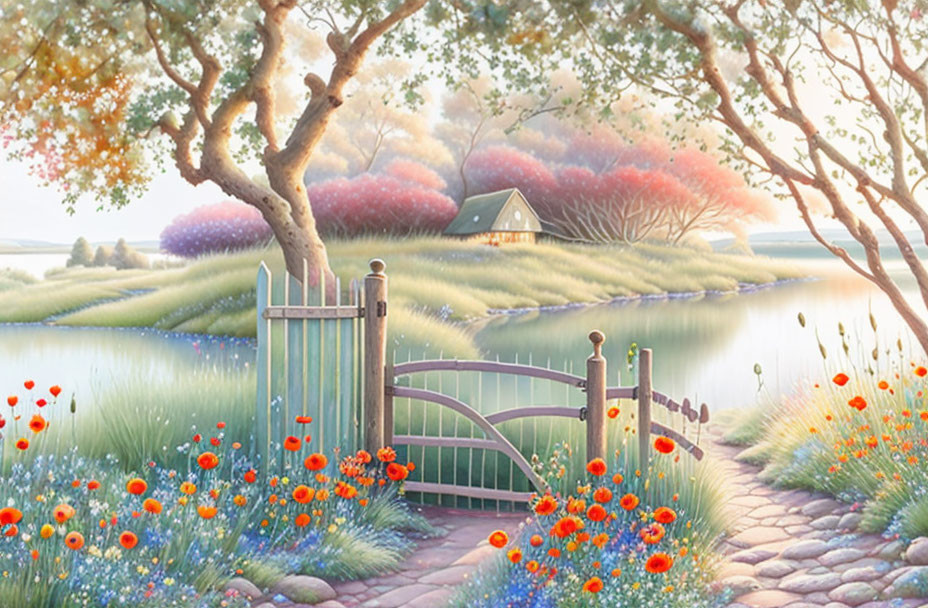 Tranquil landscape with wooden gate, red flowers, river, trees, and distant house