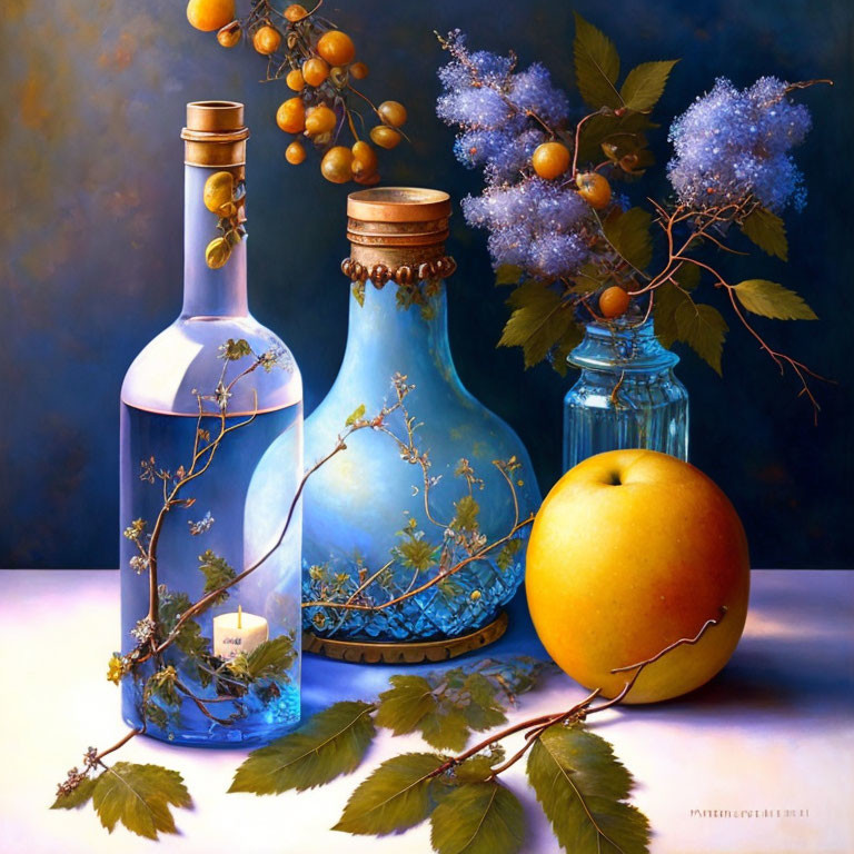 Still Life Painting: Glass Bottles, Grapes, Flowers, Apple on Reflective Surface