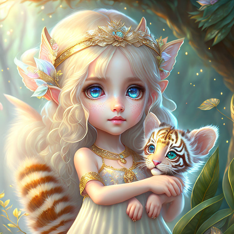 Fantasy illustration of a girl with elf ears hugging a tiger-striped kitten in a mystical forest