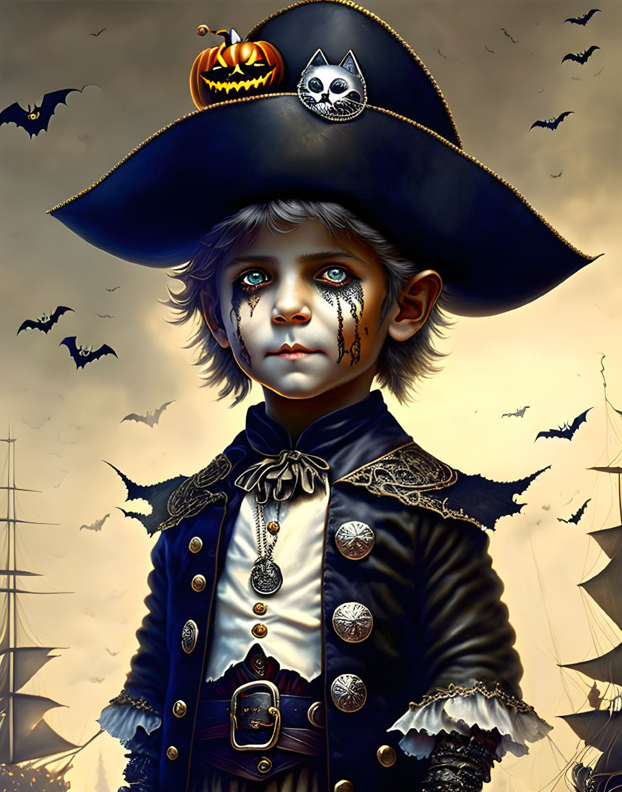 Young boy in pirate costume with jack-o'-lantern hat in spooky digital artwork