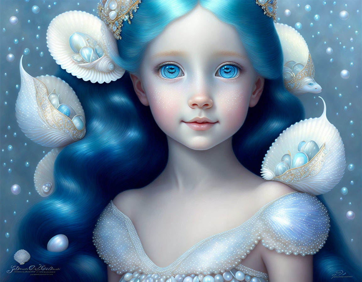 Blue-haired girl adorned with shells and pearls in whimsical digital art