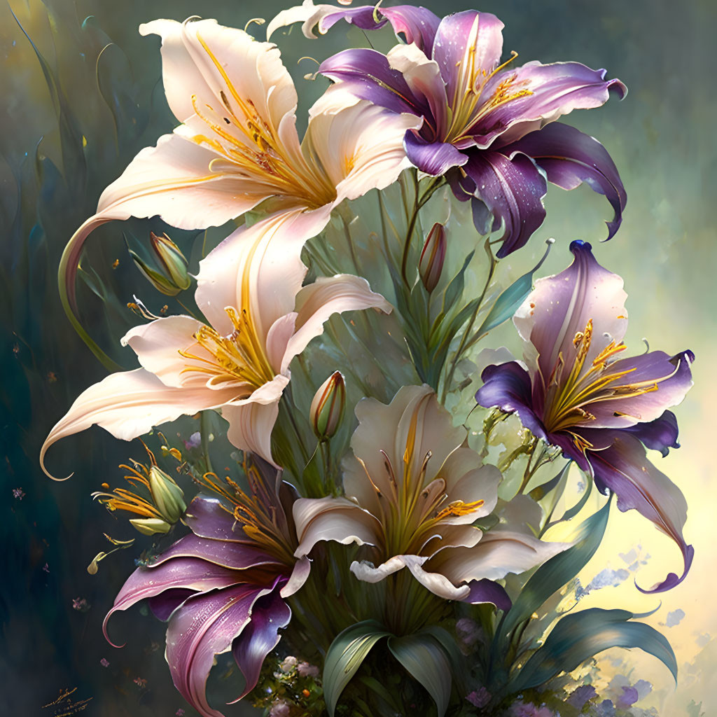 Colorful digital artwork: Blooming lilies with white and purple petals, detailed stamens,