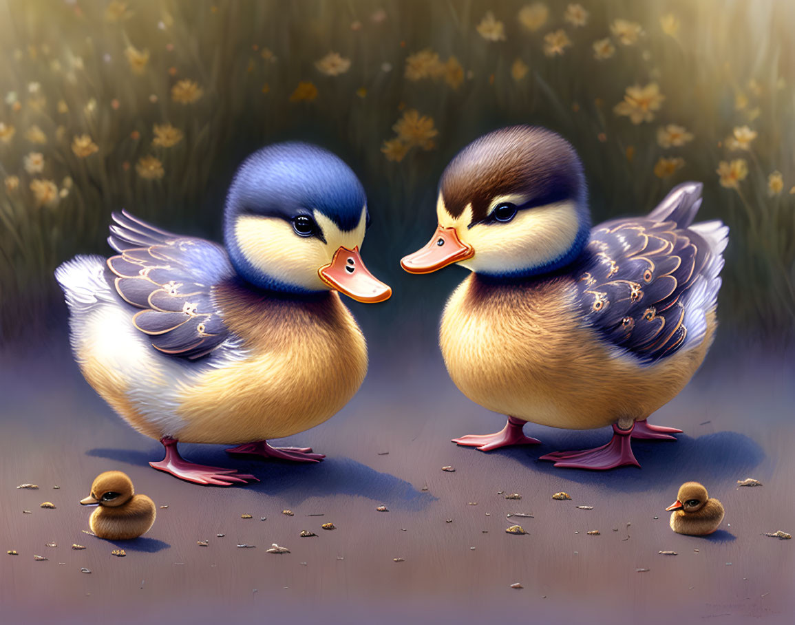 Colorful Cartoon Ducklings in Flower Field Stand Facing Each Other