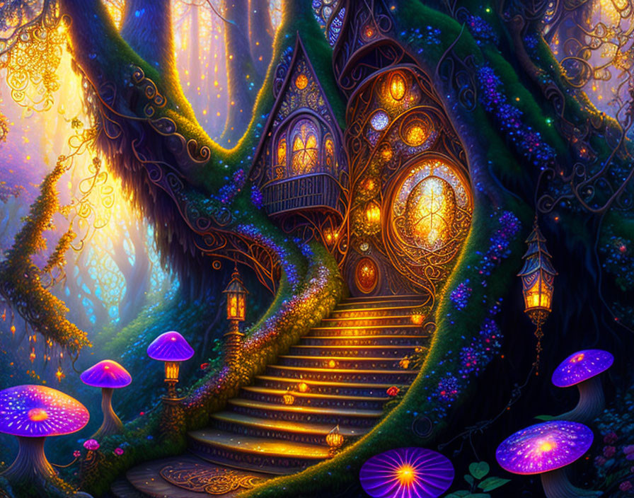 Twilight forest scene with glowing mushrooms and illuminated treehouse