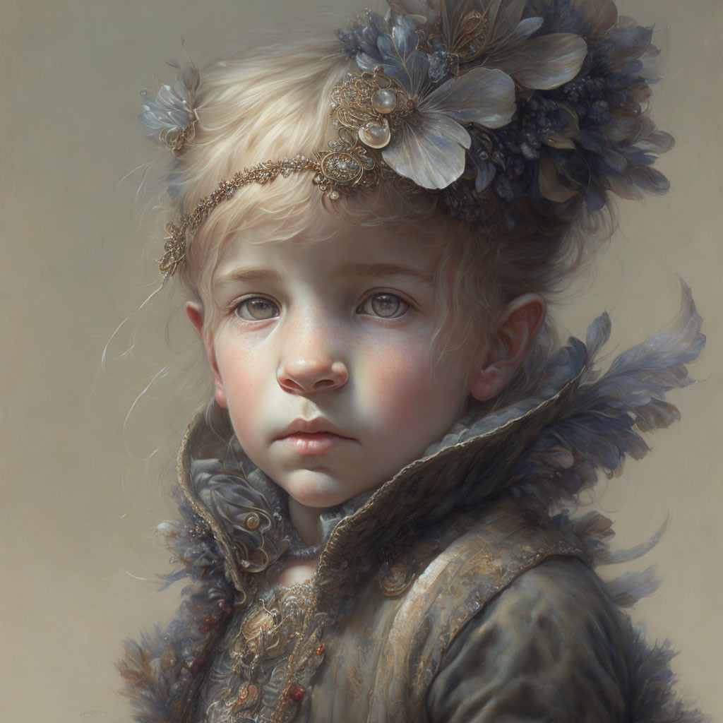 Melancholic young child in feathered headband and fur-trimmed cloak