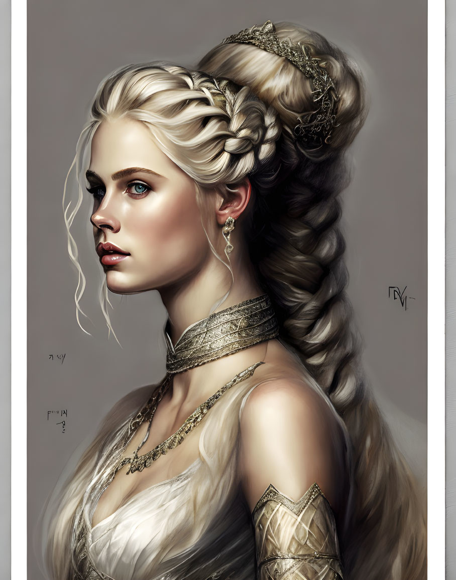 Blonde woman with braided hair, crown, golden choker, and earrings