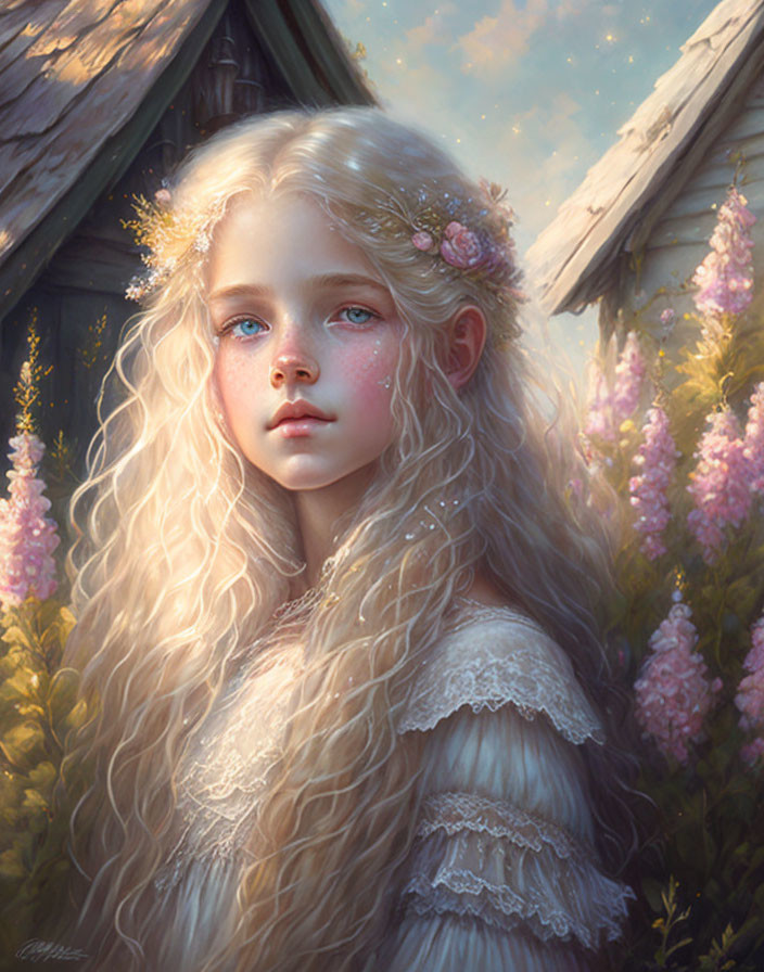 Young girl with long blond hair and blue eyes in a flower-filled garden