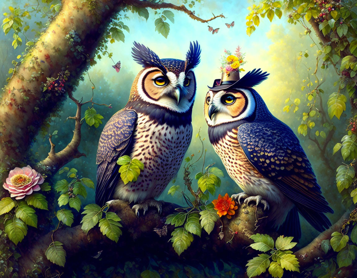 Illustrated Owls with Expressive Eyes on Branch in Whimsical Forest