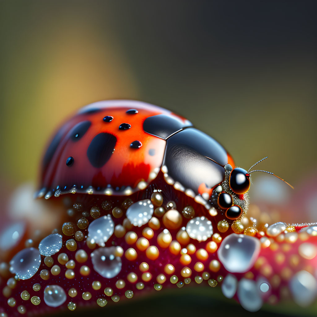 Red ladybug with dew drops and water beads on surface, blurred green background