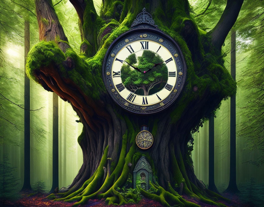 Enchanting forest with ancient tree and ornate clock face.