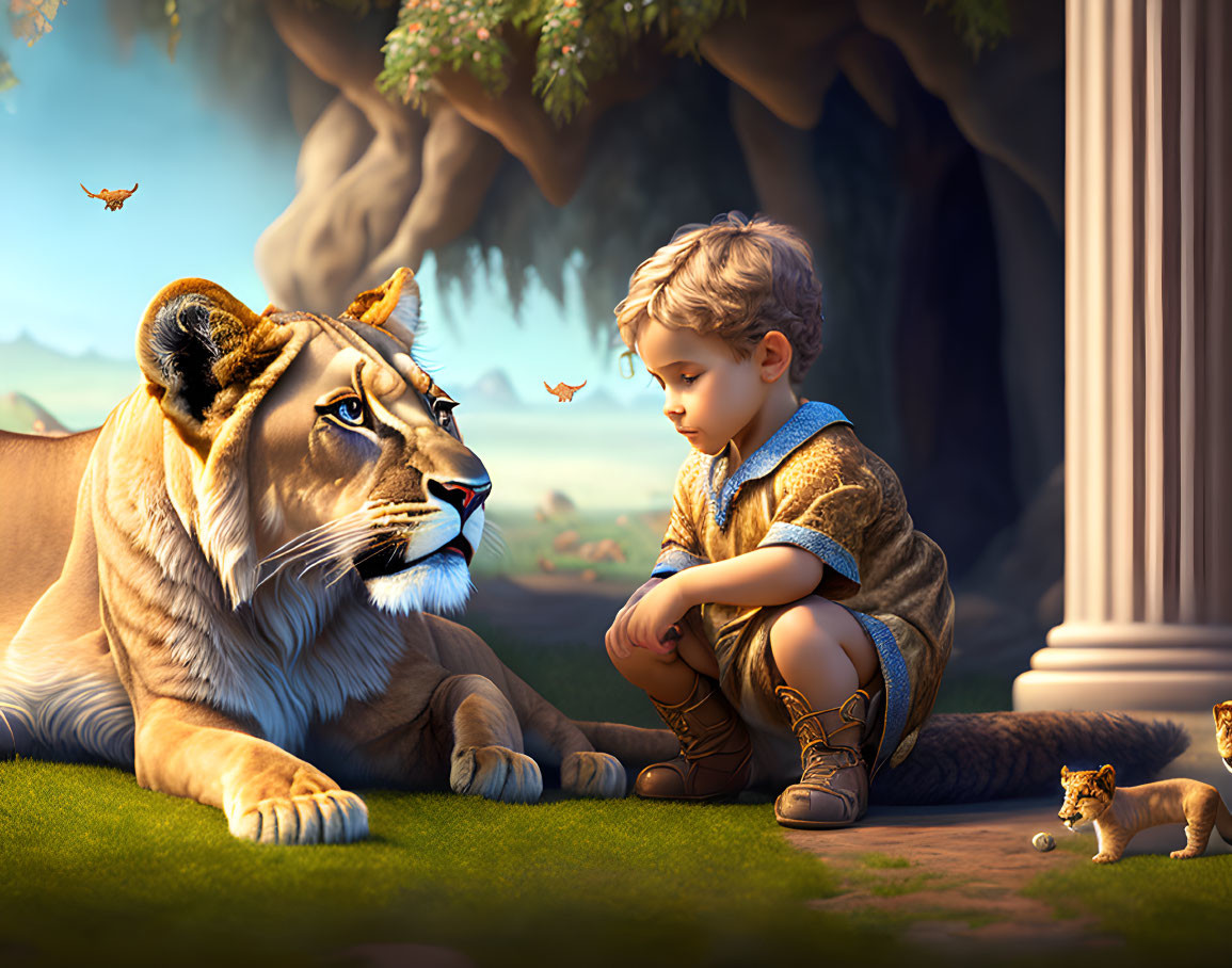 Young boy in historical attire with majestic lioness and butterflies in serene scene