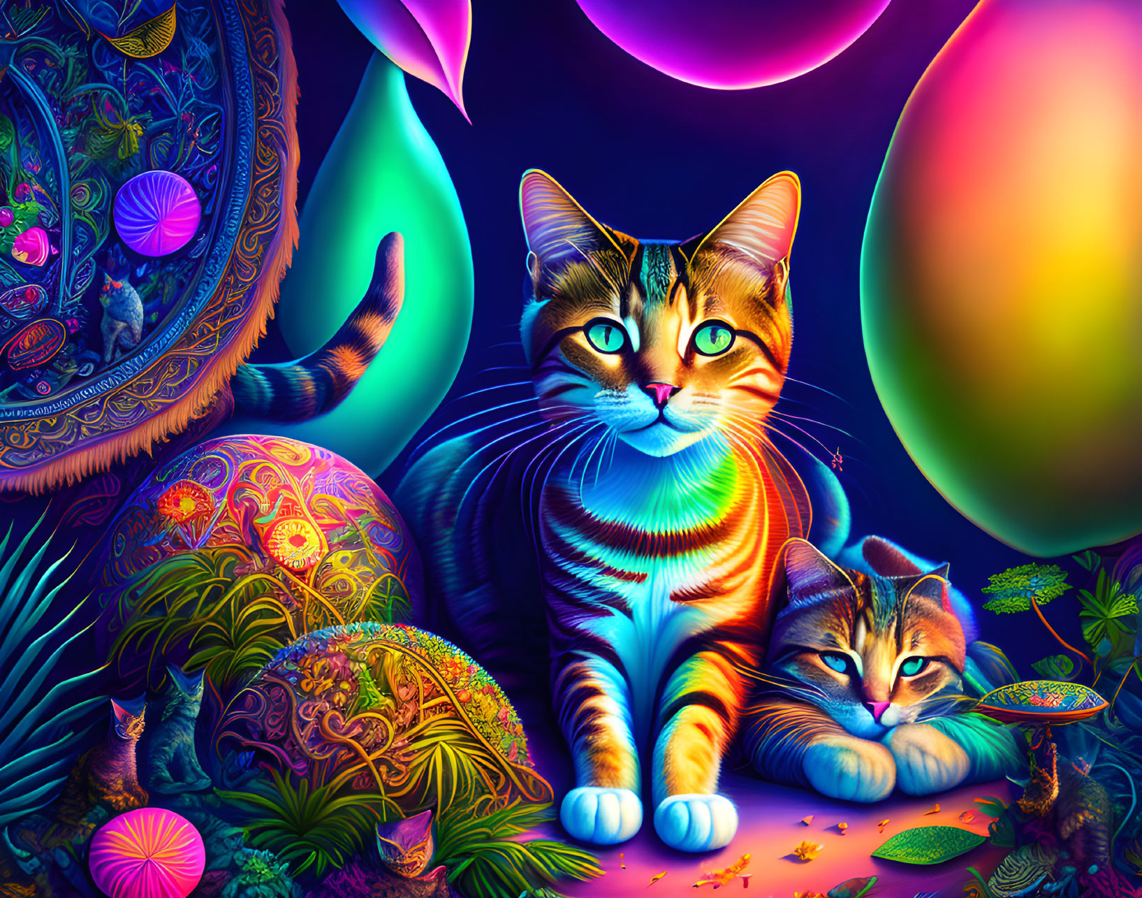 Colorful digital artwork: Whimsical cats amidst intricate patterns, psychedelic flora.