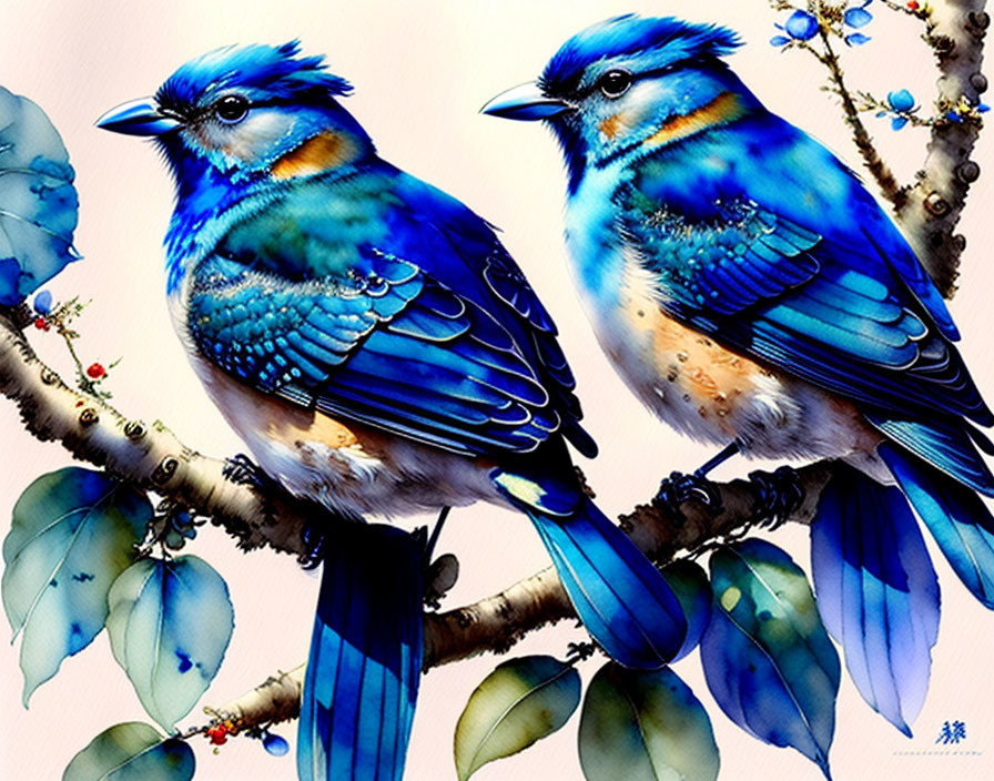 Vibrant Blue Jay Birds on Branches with Green Leaves and Blossoms