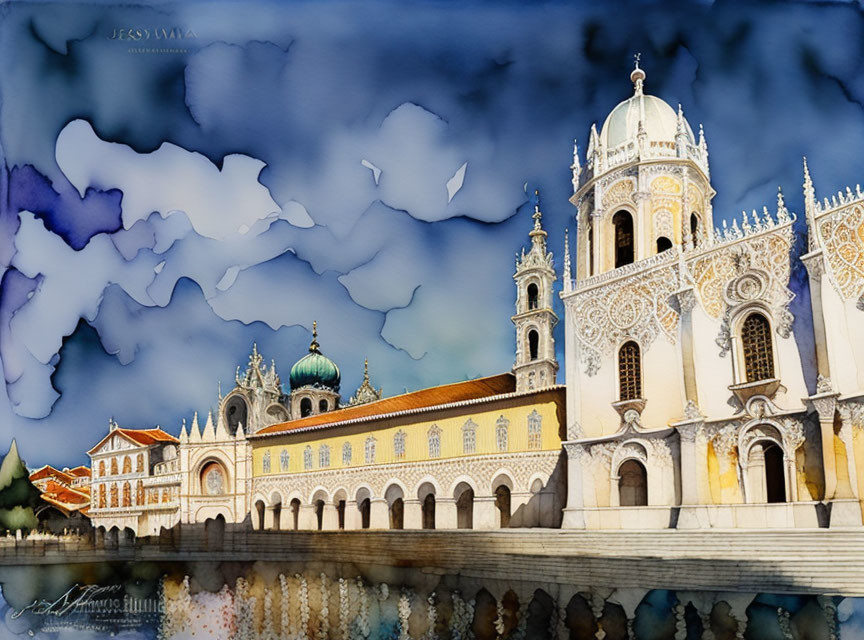 Gothic architecture reflected in water under a cut-out cloud sky