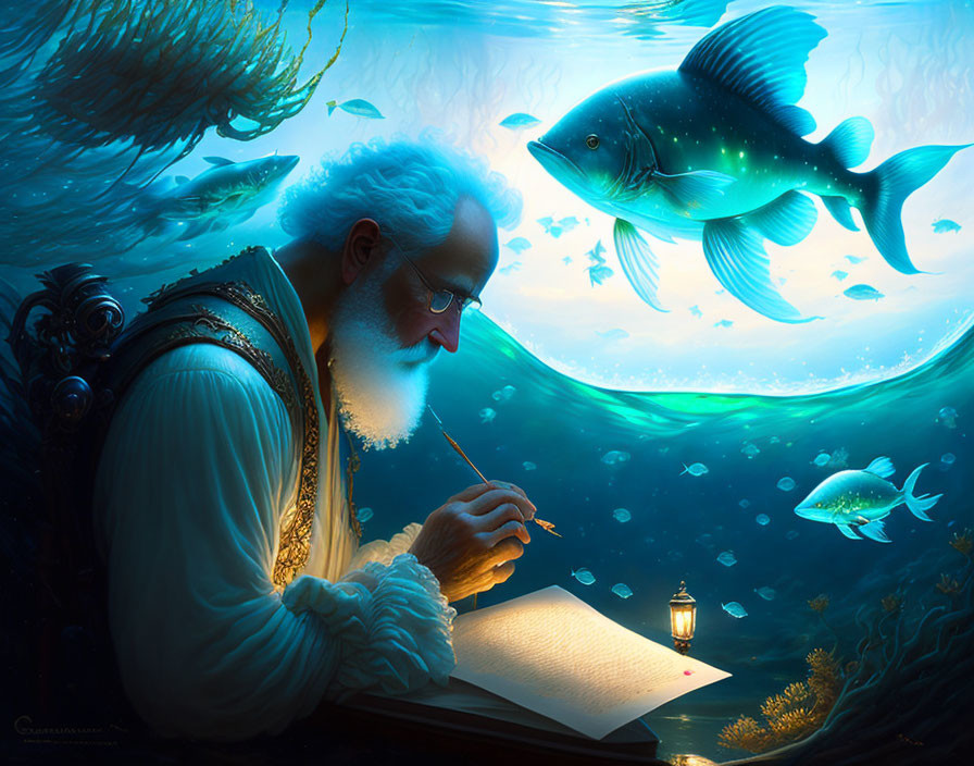 Bearded elderly man writing underwater with lantern and luminescent fish