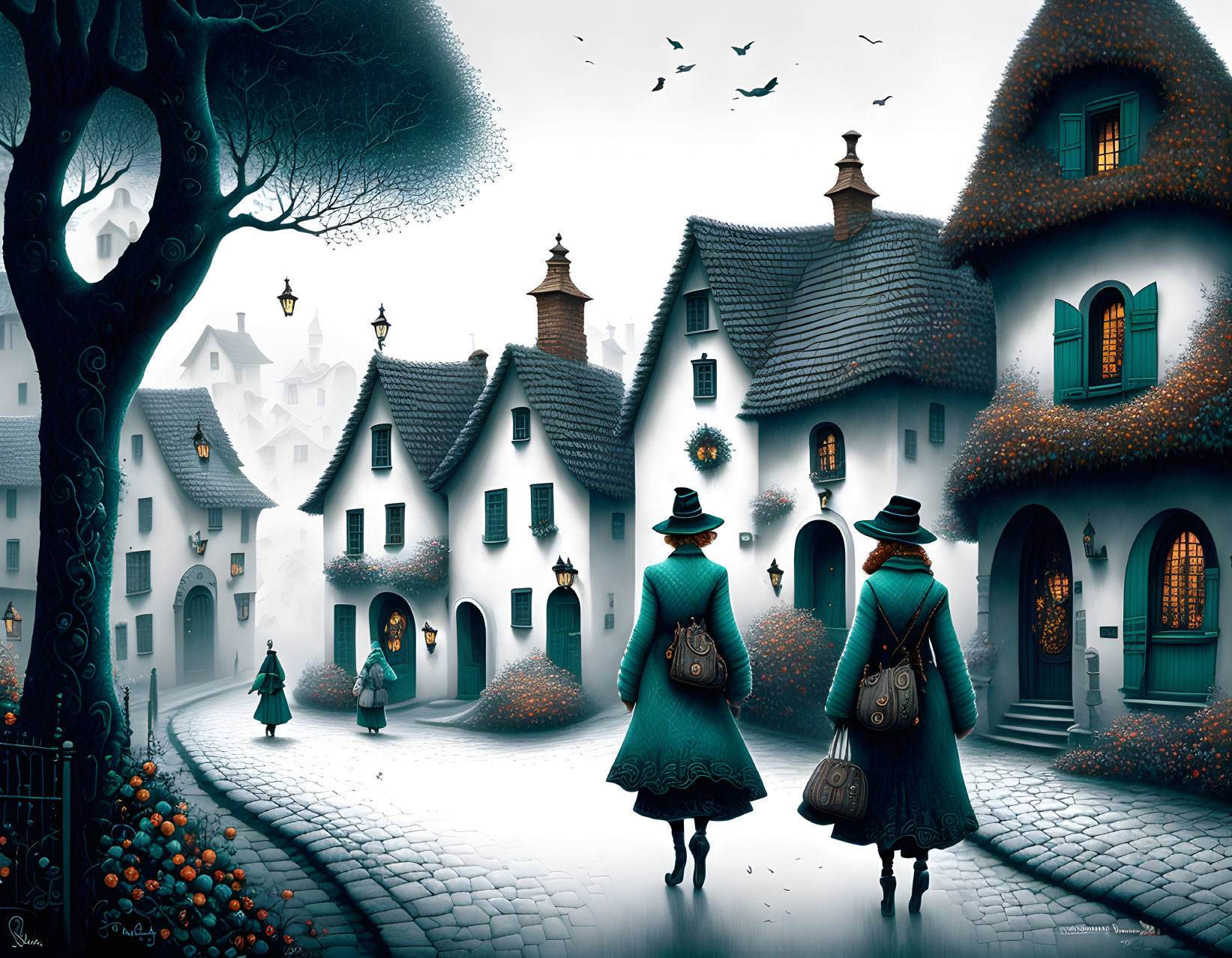 Enchanting village scene with cobblestone paths, moss-covered houses, lanterns, and twilight