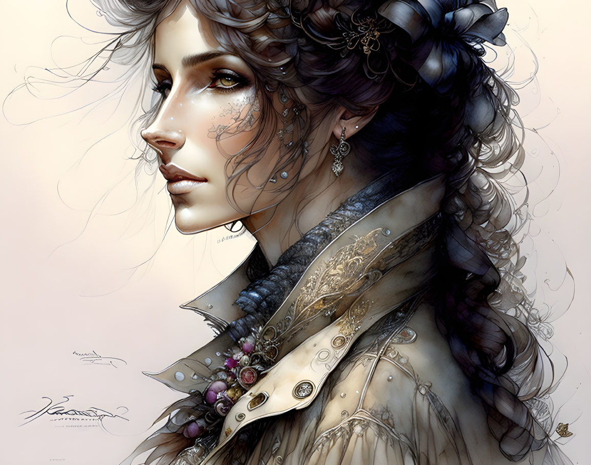 Detailed Victorian attire woman illustration with intricate hairstyles and jewelry