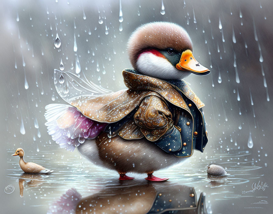 Illustrated duck with ornate jacket in fantastical rain scene with duckling