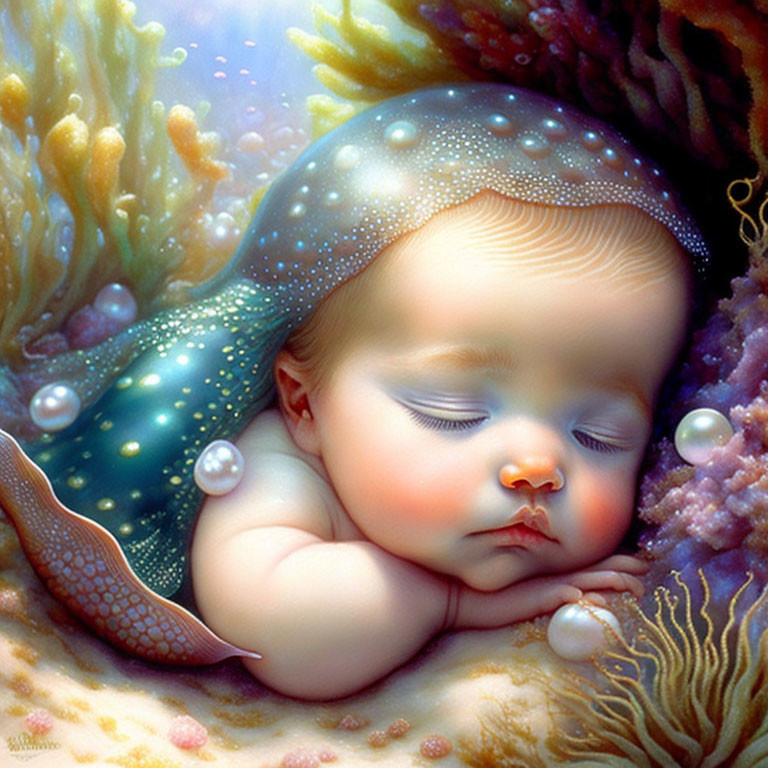 Illustration: Sleeping baby with mermaid tail in vibrant underwater scene