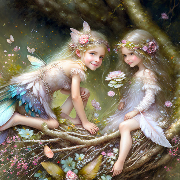 Delicate winged creatures with floral crowns in mystical forest scene