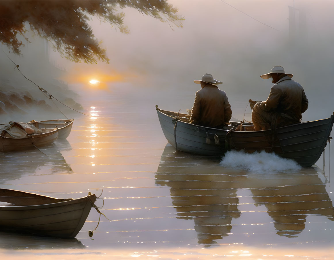 Tranquil sunrise rowboat scene with calm waters and foggy ambiance