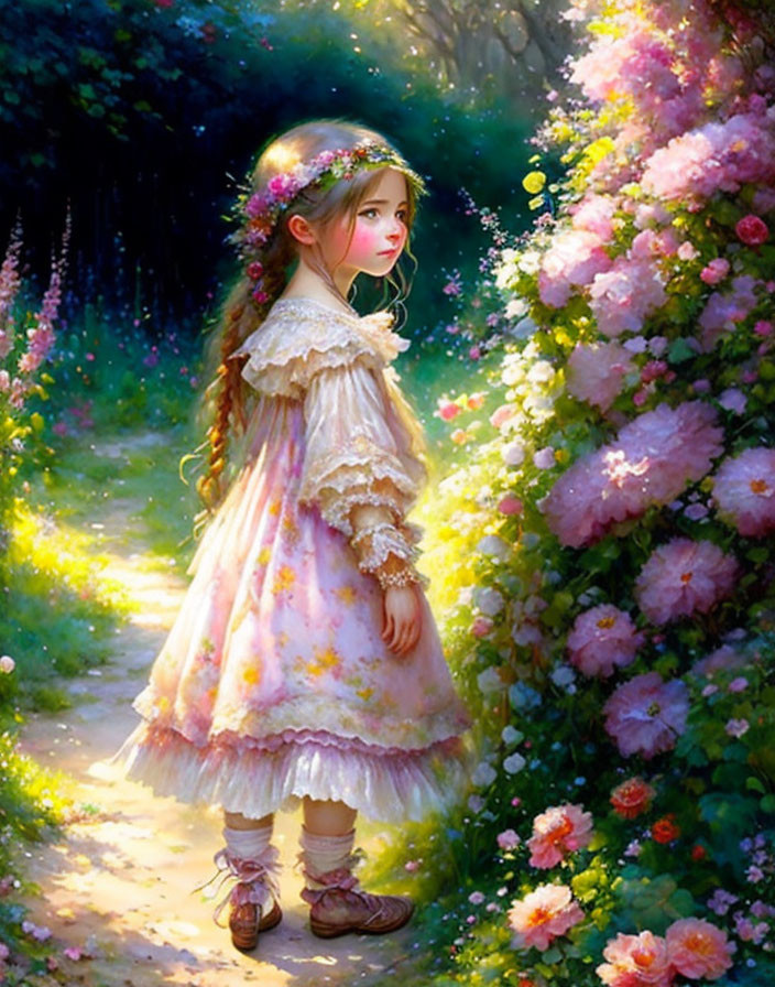 Young girl in vintage pink dress with floral headband standing in sunlit path among blooming flowers