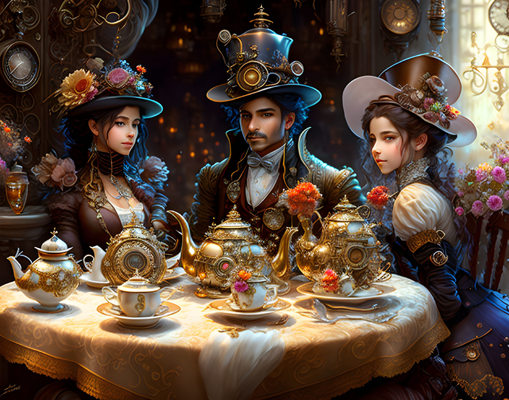 Victorian attire and steampunk accessories at ornate teaparty table