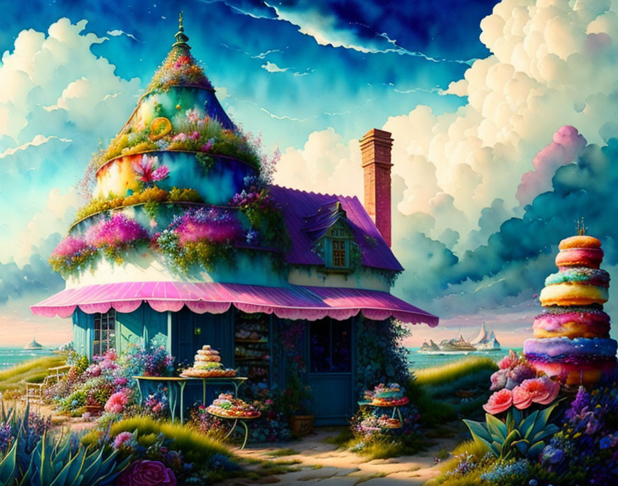 Vibrant fairy-tale cottage with conical icing-like roof in whimsical setting