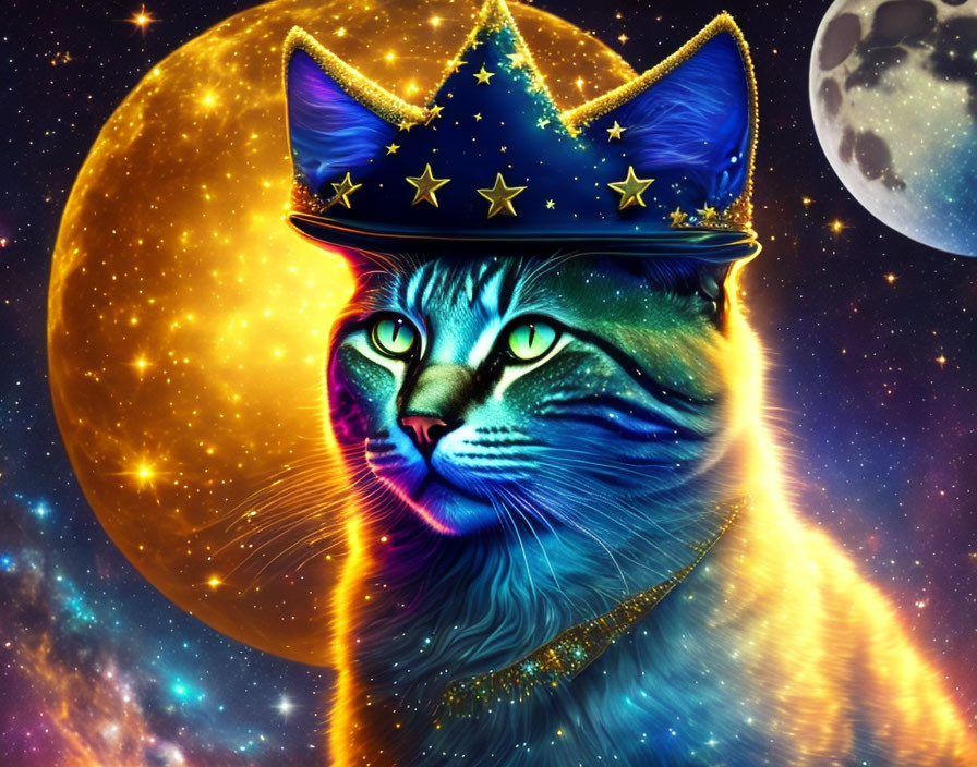 Colorful Cosmic Cat with Starry Crown on Golden Moon Background