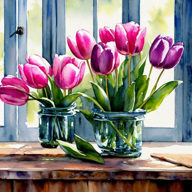 Colorful Watercolor Painting of Purple Tulips in Glass Jars on Wooden Surface