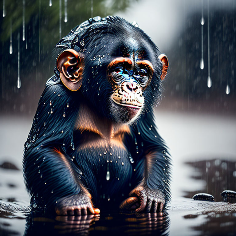 Chimpanzee in rain with water droplets, thoughtful expression