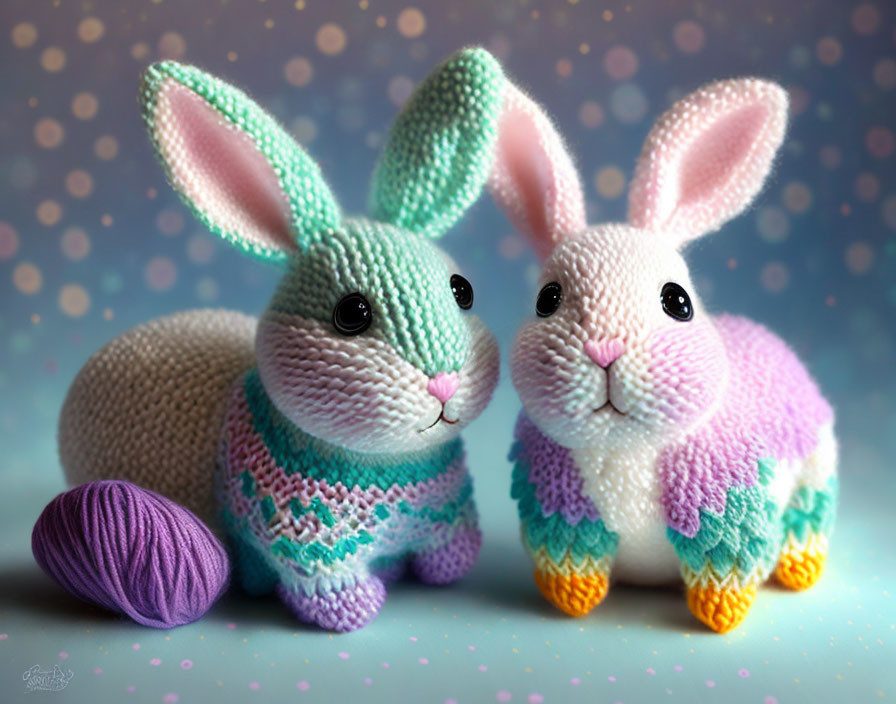 Colorful Crocheted Rabbit Toys with Purple Yarn Ball on Bokeh Background