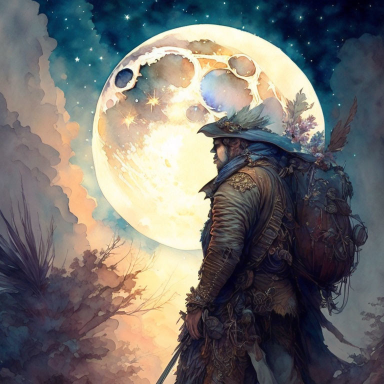 Illustrated traveler in wide-brimmed hat and ornate coat under detailed moon and stars