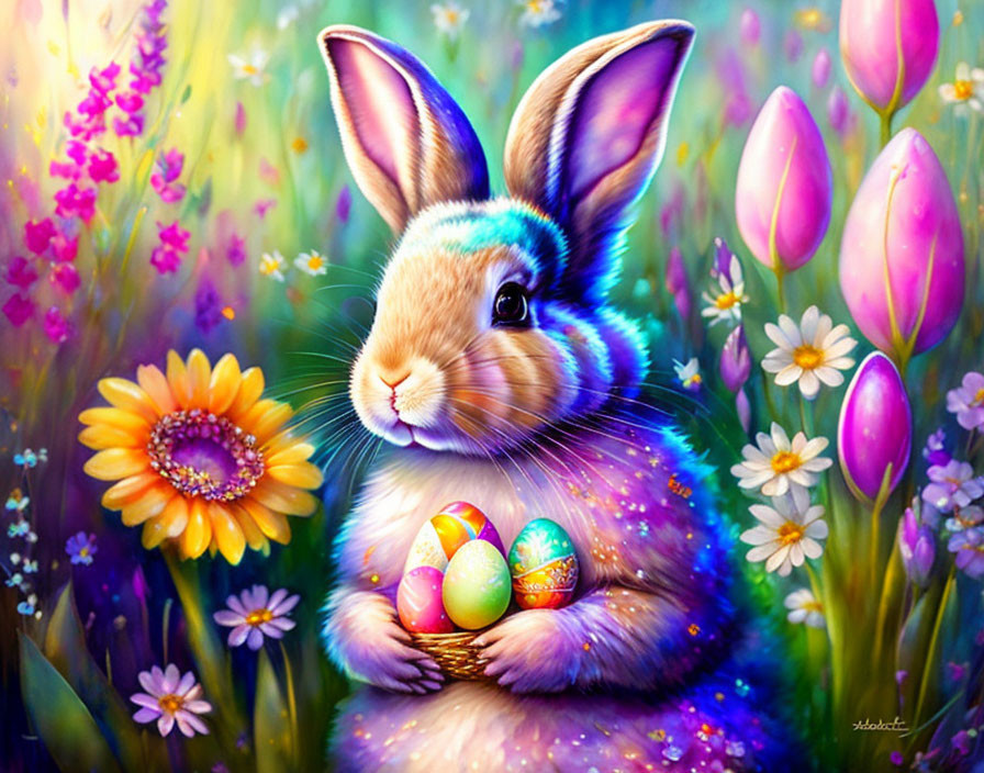 Colorful Easter Bunny with Eggs in Flower Field