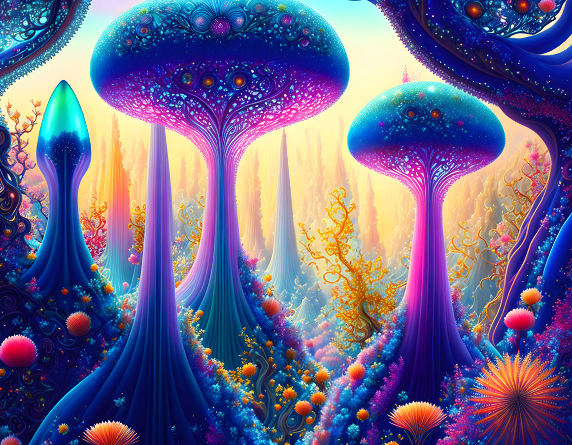 Fantastical landscape with oversized, luminous mushrooms in alien forest