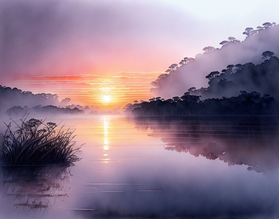 Serene sunrise over misty lake with tree silhouettes