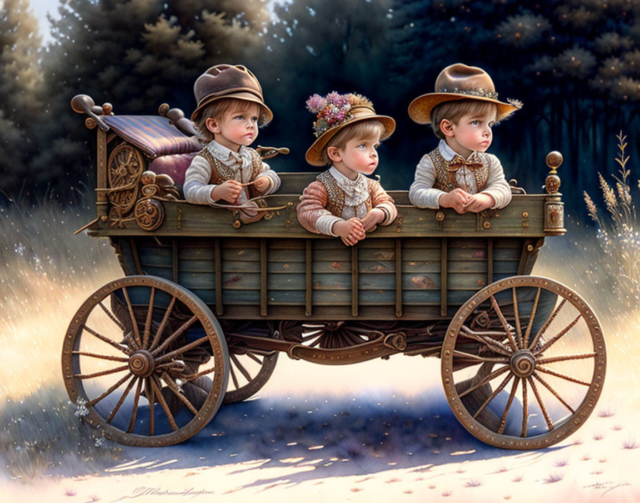 Vintage-styled children in wooden wagon on grassy field with trees.