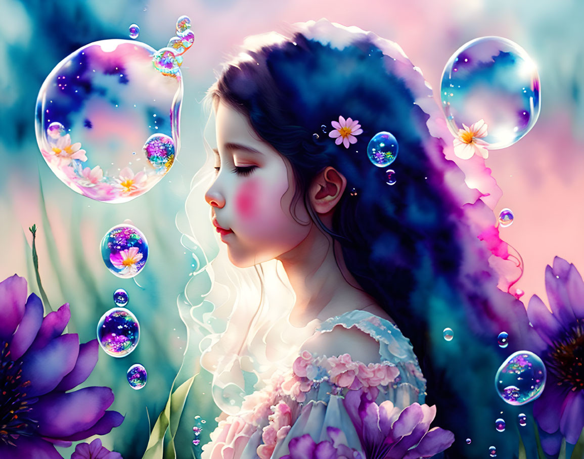 Young girl with dark hair in vibrant flower and bubble digital illustration