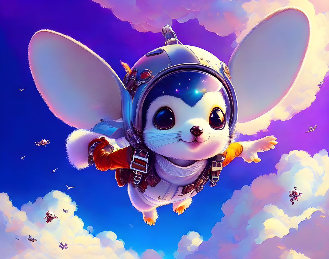 Illustration of cute astronaut mouse flying in purple sky with bees.