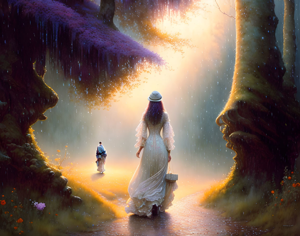 Woman in White Dress and Hat Walking Towards Glowing Forest Path with Child