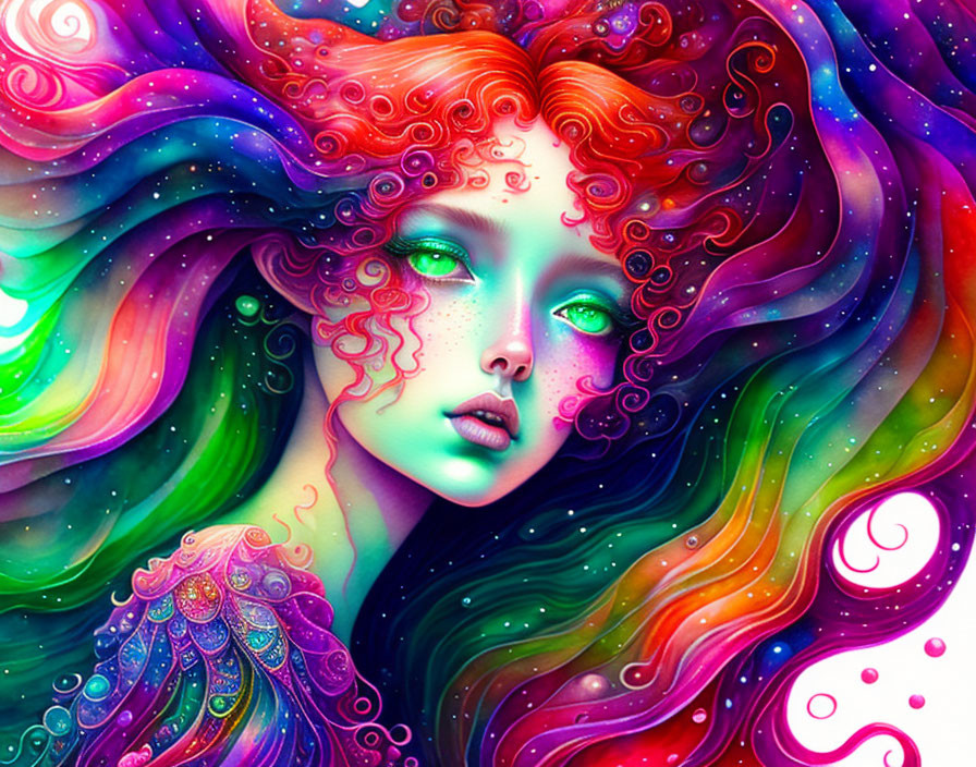 Vividly colored fantastical female figure with rainbow hair on multicolored background