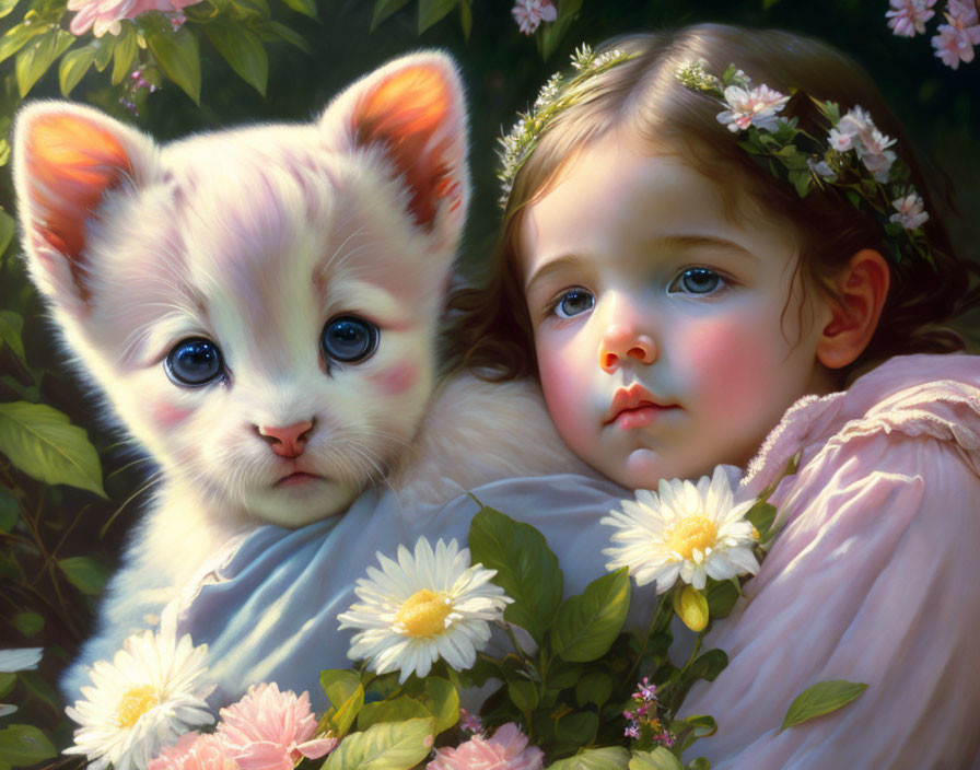 Young girl with floral wreath and blue-eyed kitten in flower-filled scene.