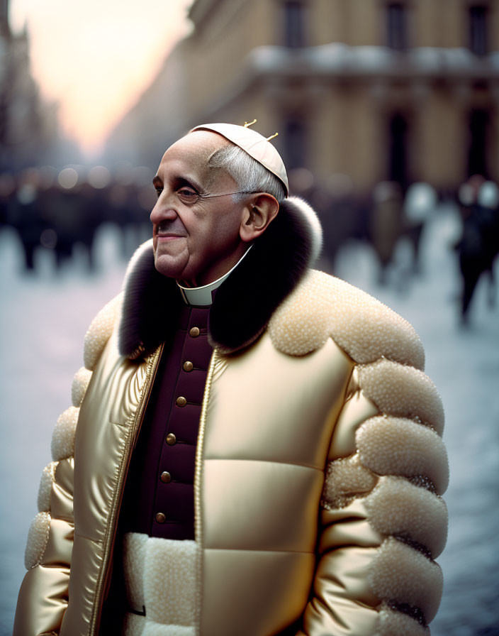 Quirky white and gold puffy jacket with crown headpiece on smiling person at dusk